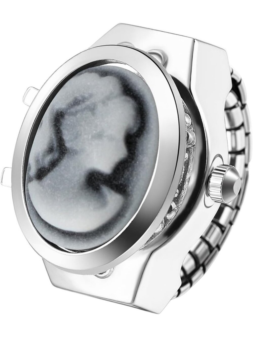 Unisex Grey Analog Quartz Flip Cover Stainless Steel Stretchy Finger Ring Watch